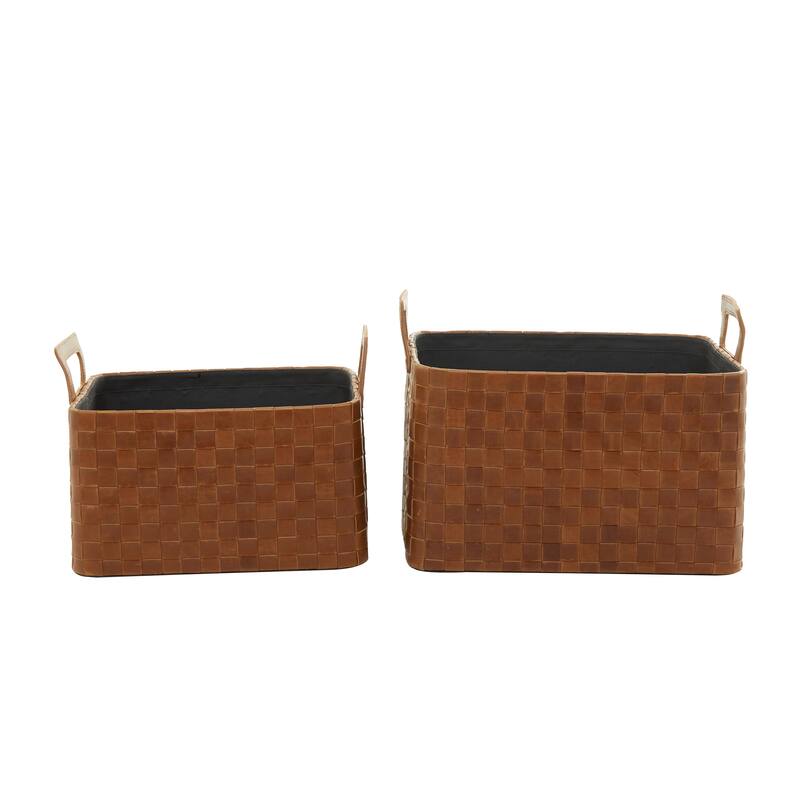 Sleek Leather Modern Storage Basket with Handles (Set of 2) - Dark Blue or Brown