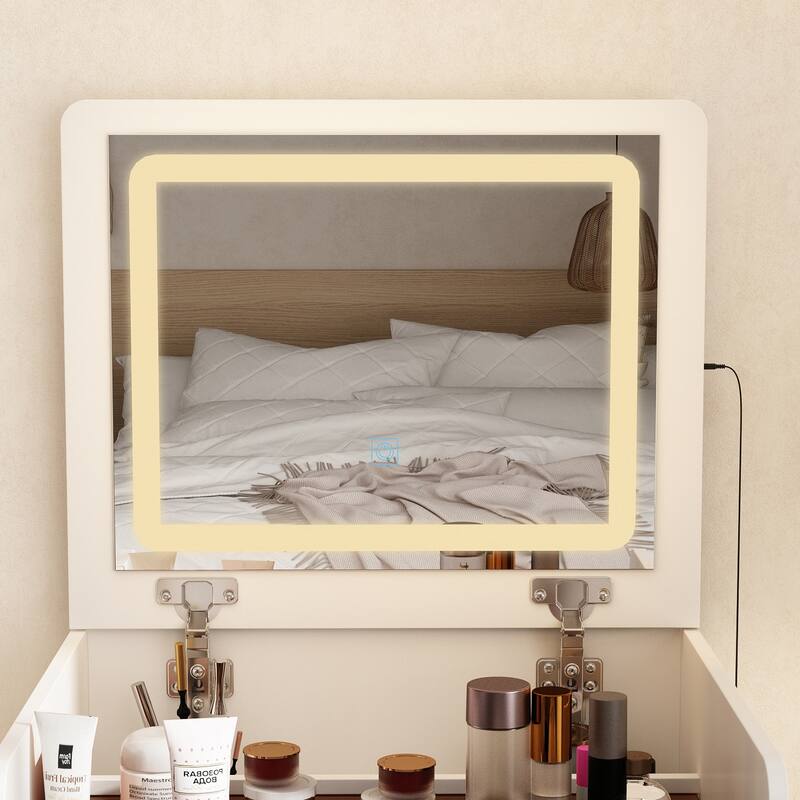 Makeup Vanity Table with Stool and LED Mirror 3-Color Lighting
