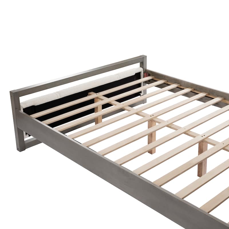 Queen Platform Bed with Ivory Boucle Headboard and Light Grey Wood Frame