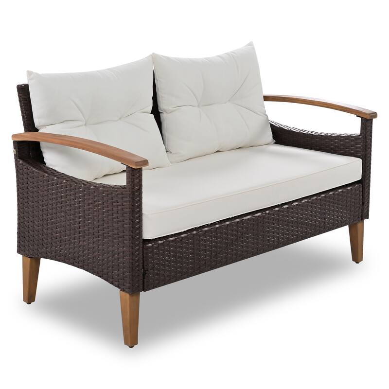 4-Piece Garden Furniture, Patio Seating Set, PE Rattan Outdoor Sofa Set, Wood Table and Legs, Water-Resistant