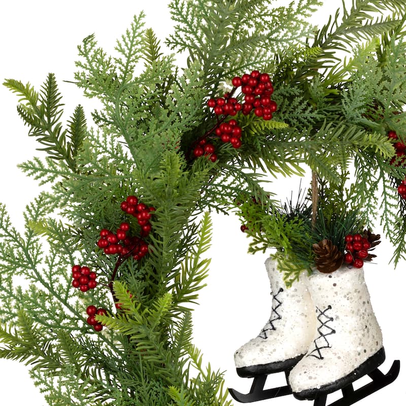 National Tree Company 22 in. Artificial Winter Skates Christmas Wreath with Red Berries and White Skates - 22 in