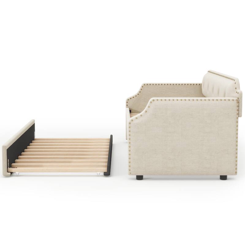 Twin Size Upholstered Sofa Daybed with Trundle, Wood Slat Support, Linen Frame, Perfect for Small Living Spaces and Guest Rooms