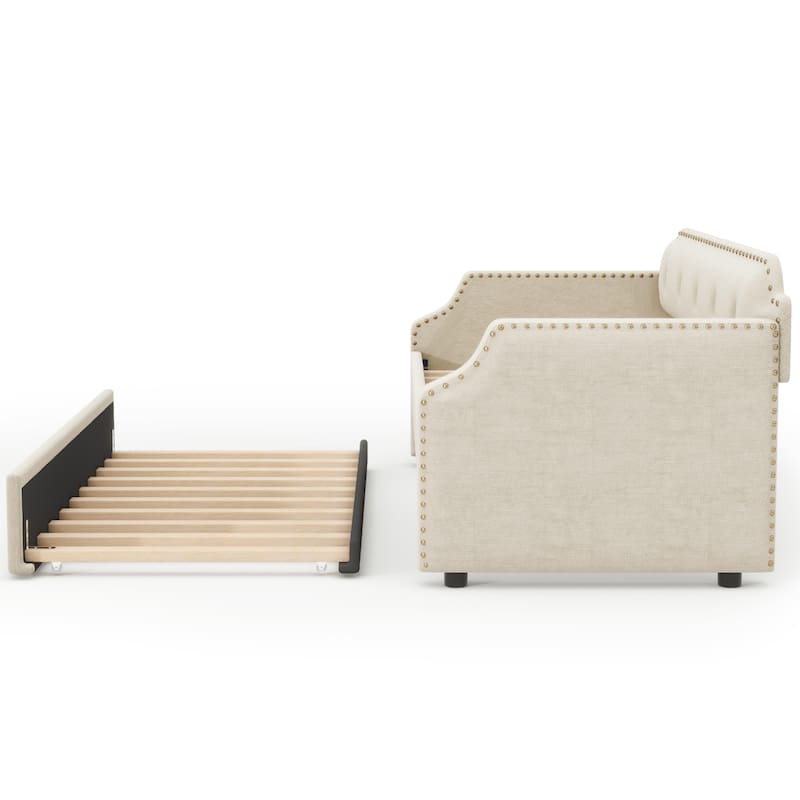 Upholstered Daybed with Trundle, Wood Slat Support,Upholstered Frame Sofa Bed , Twin,Blue
