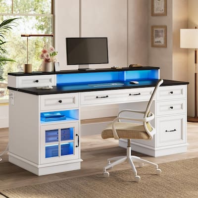 Executive Desk with Drawers Computer Desk with File Drawers Power Outlet LED Lights Storage Cabinet Monitor Shelf
