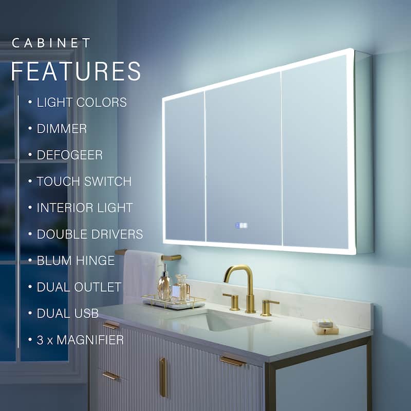 30'' H Recessed or Surface Frameless LED Mirror Cabinet With Defogger, Dimmer, Outlets & USB Ports 