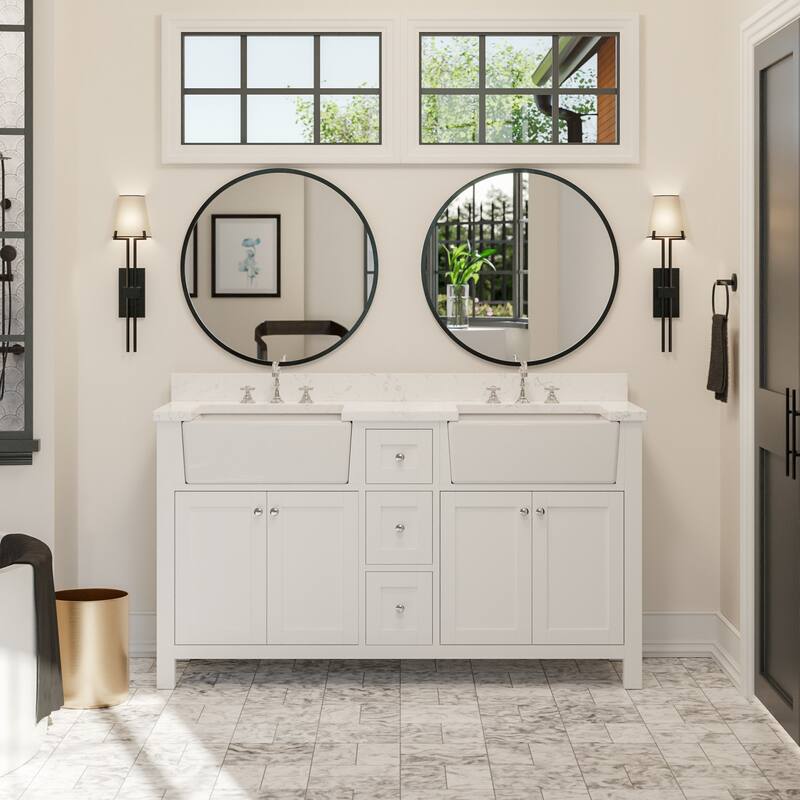 KitchenBathCollection Yorkshire 60" Double Farmhouse Vanity with Engineered Marble Top - White