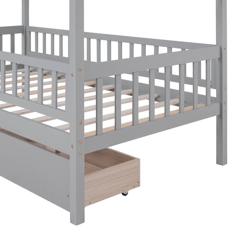 Playhouse Bed with Fence & Roof for Kids, Teens, Boys or Girls, Wooden Storage Bed Frame with Two Drawers, No Box Spring Needed