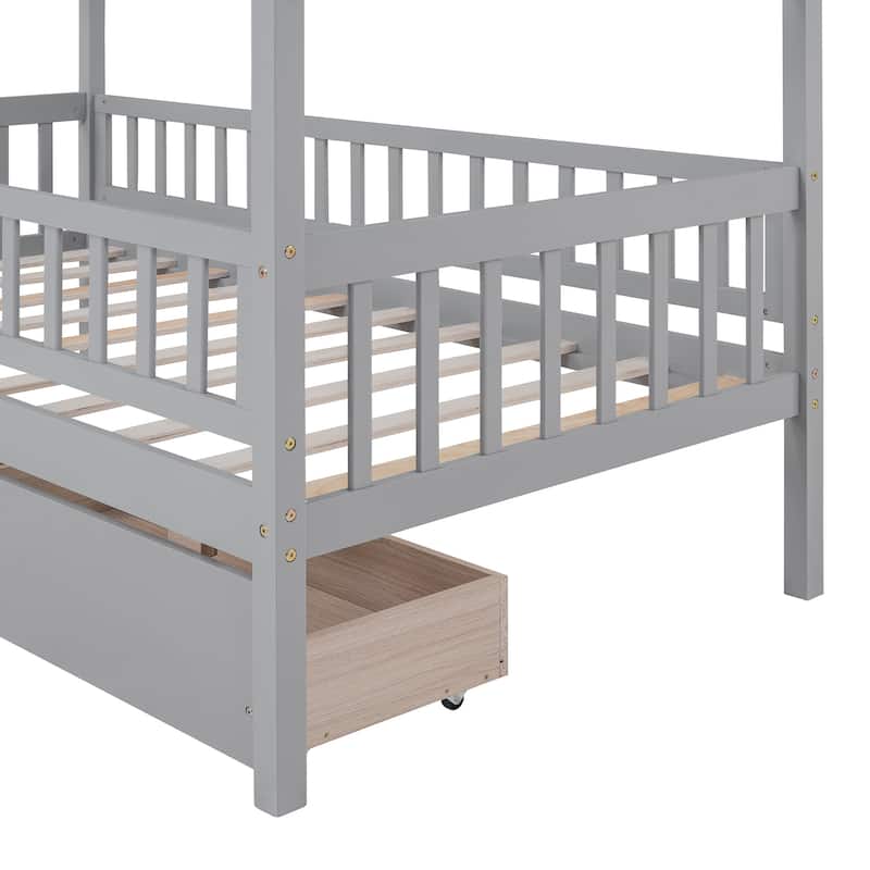 Wooden House Bed for Kids with Two Storage Drawers, Sturdy Twin Size Design
