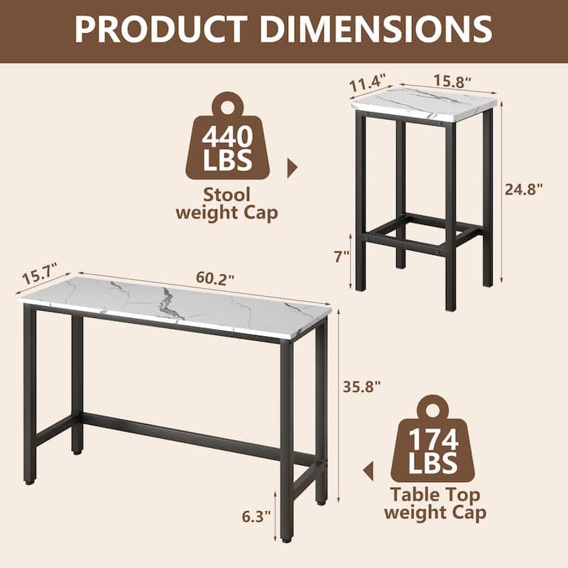 Modern 4 Piece Bar Dining Table and Chair Set, Kitchen High Dining Table Set with Three Stools