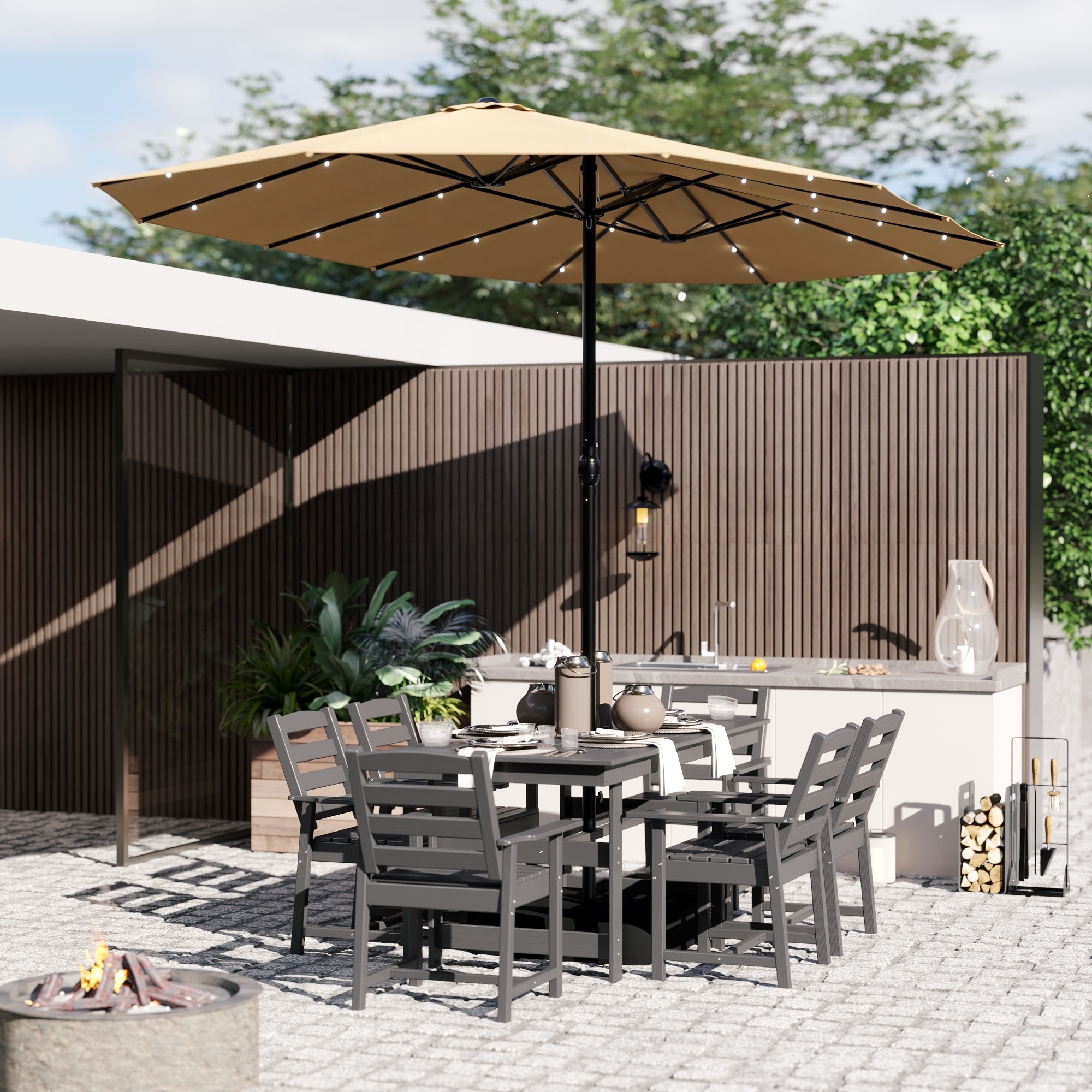 Outdoor Dining Table and Chair Set: HDPE Material, Wood - Grain Design