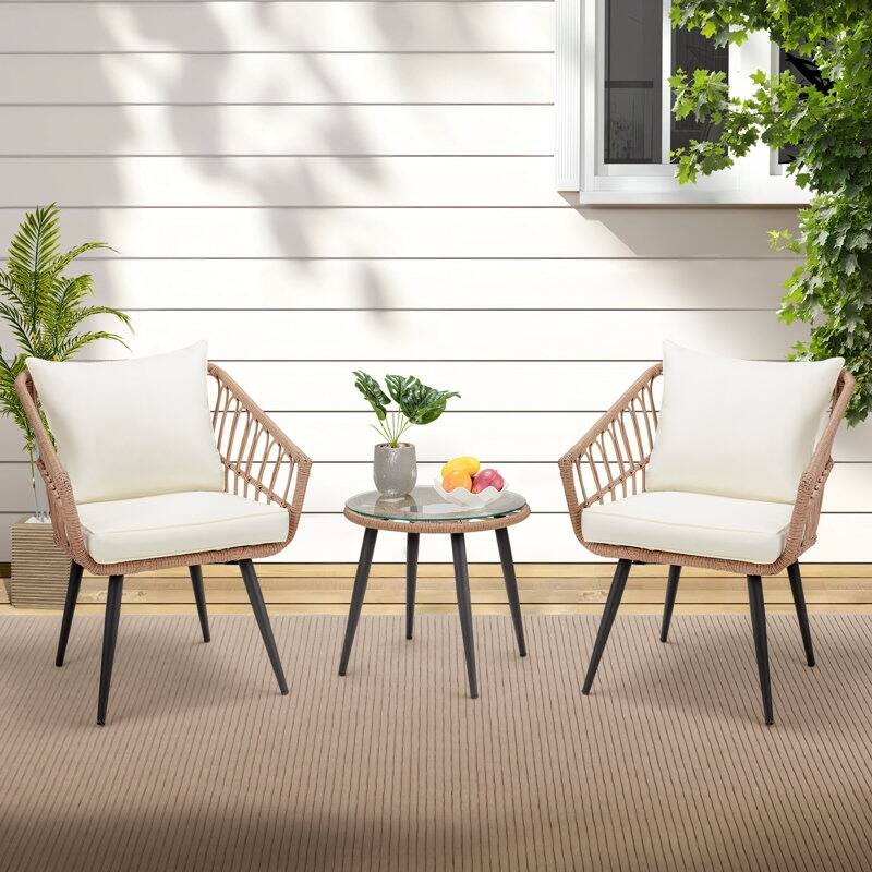 2-Person Outdoor Bistro Set with Cushions, All-Weather Patio Furniture Rattan Chairs & Tempered Glass Table for Porch