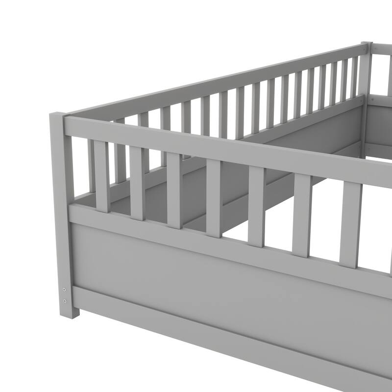 Twin Pine Wood Floor Bed Frame with High Fence - Montessori Style for Children's Room
