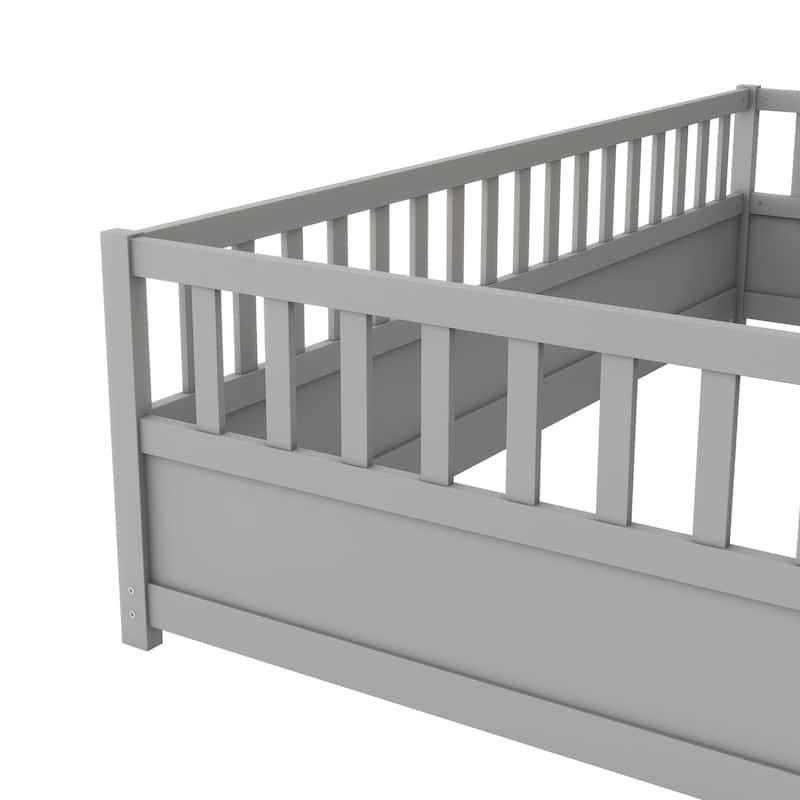 Twin Size Pine Wood Floor Bed, Integral Construction with Super High Security Barrier, Door, Children's Floor Bed Frame