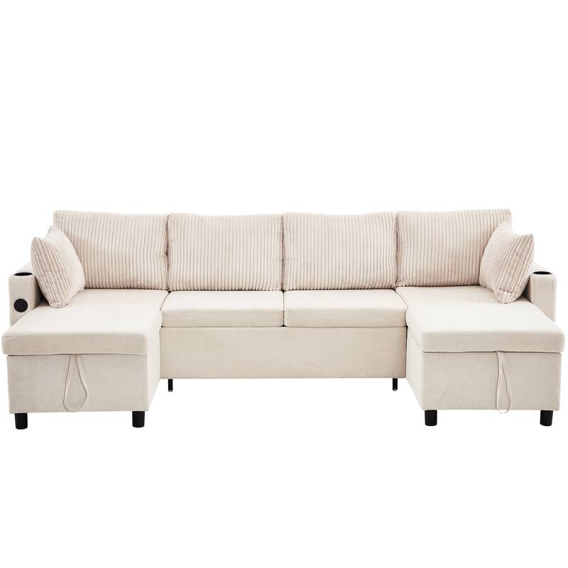 111.8" Chenille U-Shaped Sectional Sleeper Sofa with USB & Storage