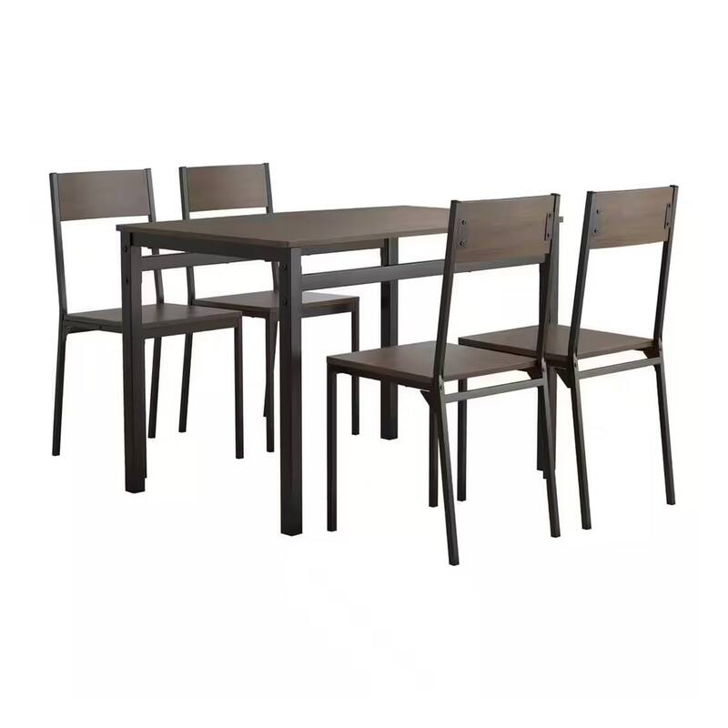 5 Piece Dining Set, Brown Wood Tabletop and Seats, Matte Black Metal Frames - Brown, Black