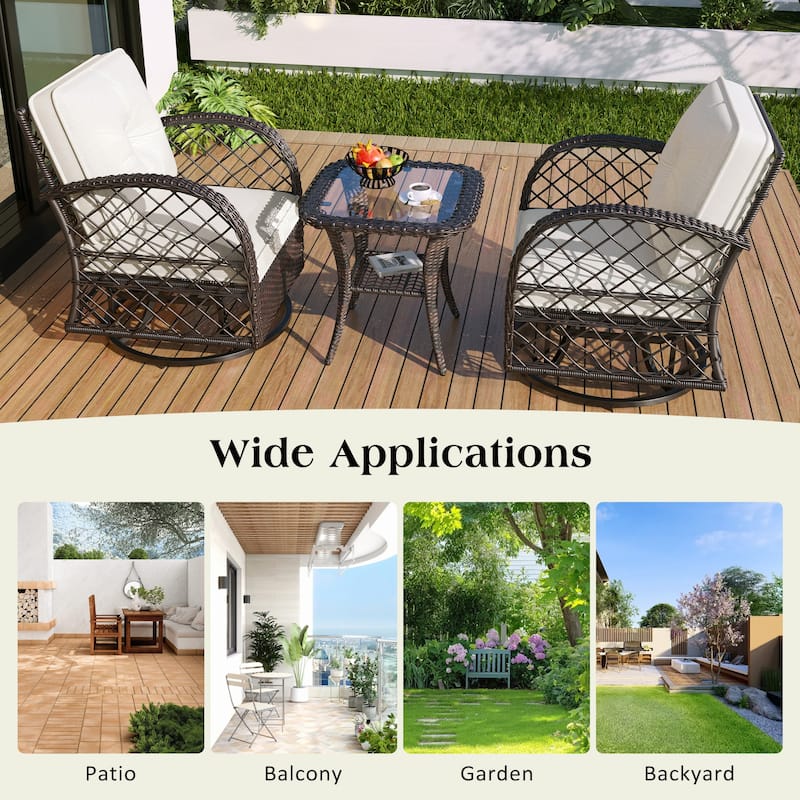 3-Piece Outdoor Chair Table Set Chat with Square Table & 2 Swiveling Chairs Set 2-person Rattan Seating Group for Garden Brown