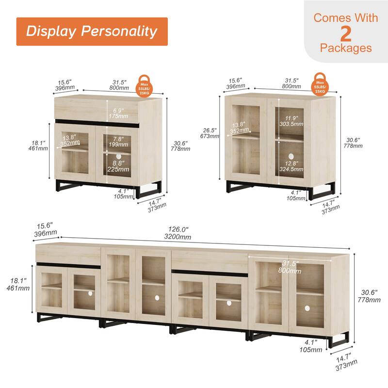 4-in-1 TV Stand for 120" TVs, Modern Console with Glass Doors & 2 Drawers, Adjustable Shelf