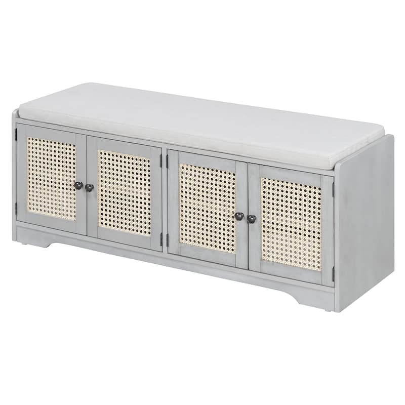 Rustic Storage Bench with Removable Cushion and Woven Rattan Doors