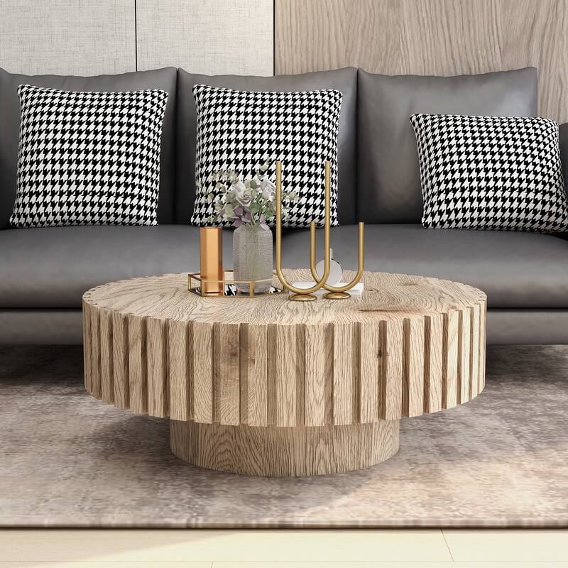 GDFStudio - Norwyn Minimalist Aesthetics Round Coffee Table with Sturdy Base and Handcrafted Relief Carving - 31.5"W - Wood