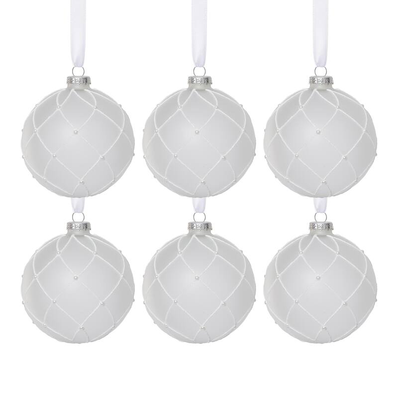 Frosted Glass Ball Christmas Ornaments with White Glitter, Set of 6, 4"