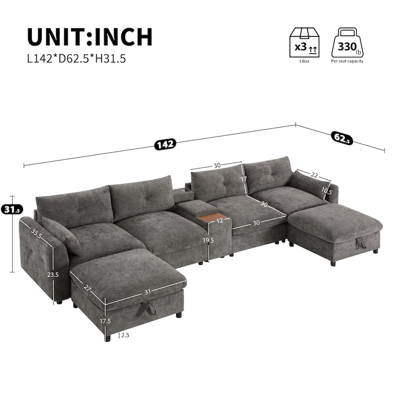 Modular Sectional Sofa With Movable Storage Ottoman And Console,Cup Holder,U Shaped Couch,Chenille Sofa With Usb Charger