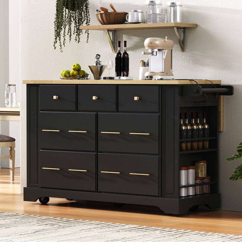 51.2" Rolling Kitchen Island with Drop Leaf, Kitchen Island with 6 Drawers, Pull Out Trash Can Storage and Power Outlet