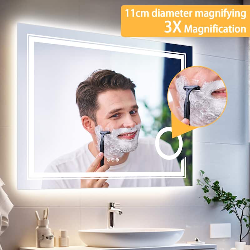 LED Lighted Smart Bathroom Mirror 3X Light Magnifier Dimmable Anti-Fog - 48x24 inch