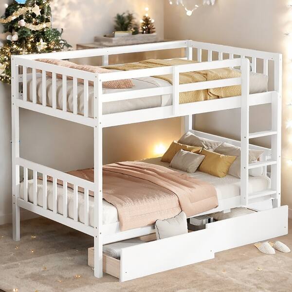 slide 2 of 7, Twin over Twin Bunk Bed, Convertible into 2 Twin Beds with 2 Drawers, Ladder and Safety Guardrails White