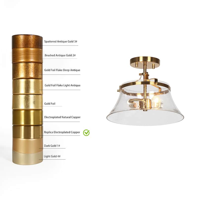 Haye Modern Gold 2-Light Semi-Flush Mount Glass Ceiling Light - 11.8"Dx9.4"H