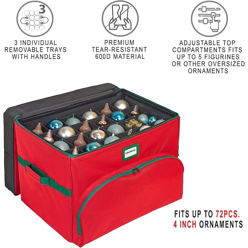 Deluxe Christmas Ornament Storage Box - Holds Up to 72 Ornaments 4” x 4”