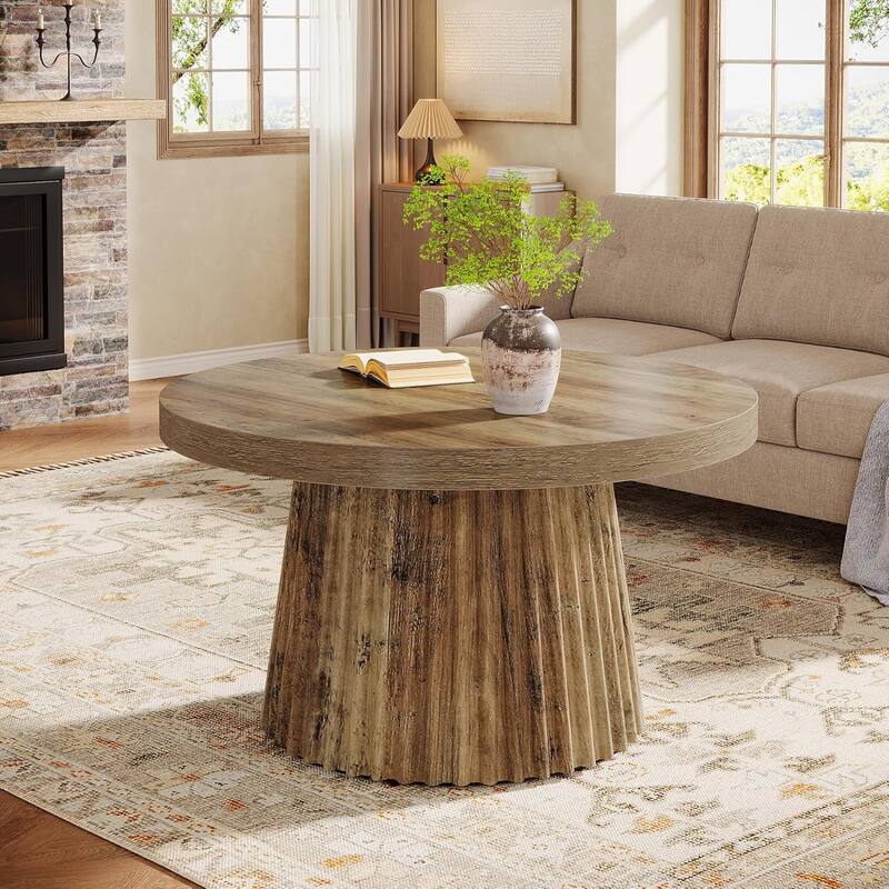 Round Coffee Table, 31.5" Modern Minimalist Circle Center Table with Fluted Drum Base, Accent Cocktail Table