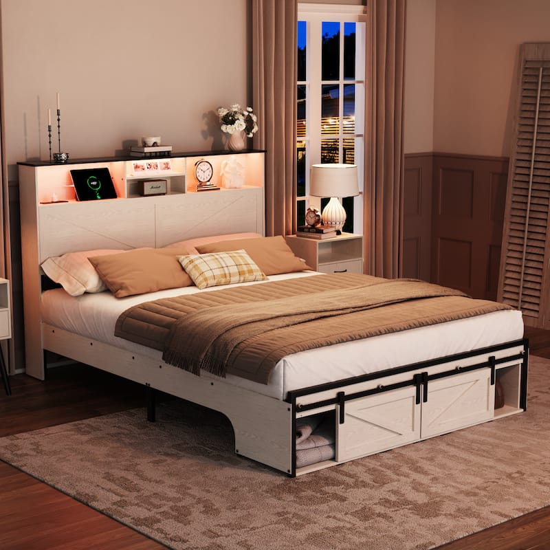 Farmhouse Storage Bed Frame with Storage Headboard, Charging Station and LED Lights, Optional Platform Bed with Drawers - White - Full