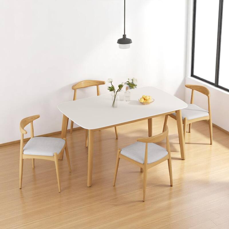 Retro 5-Piece Dining Table Set with White Oak-Look Top and Upholstered Chairs, Mid-Century Modern Style - White Beige
