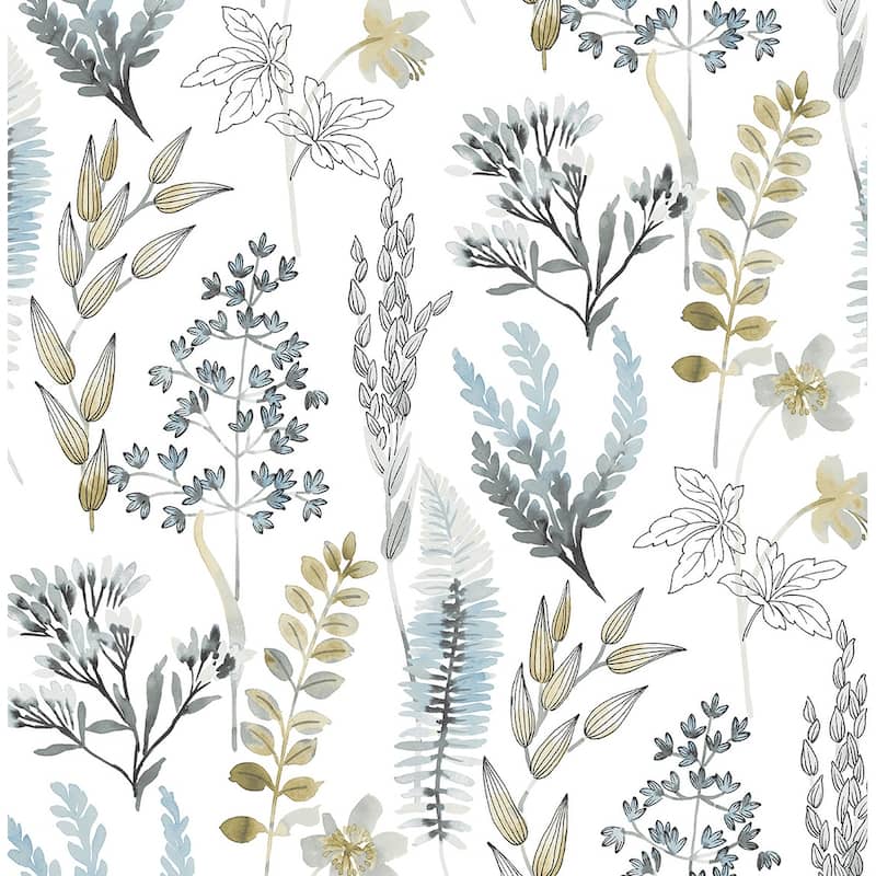 NextWall Wild Garden Peel and Stick Wallpaper - 20.5 in. W x 18 ft. L - Glacier Blue & Matte Brass