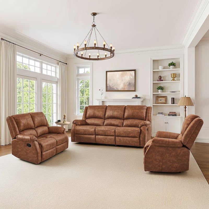 3-Piece Faux Leather Upholstered Recliner Sofa Set,Manual Recliner Sofa,Recliner Chair,3 Piece Living Room Sets Furniture - light brown