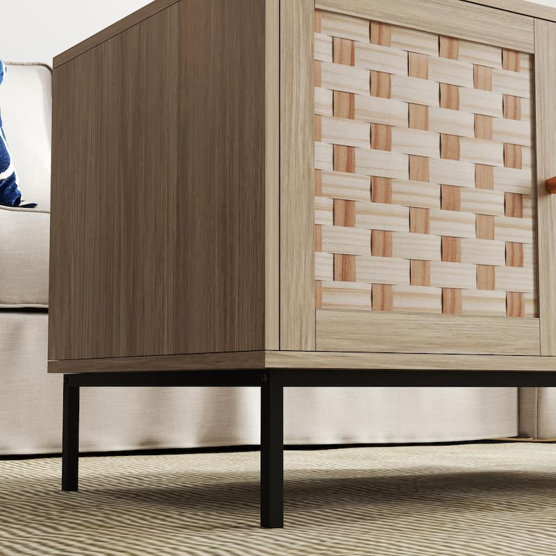 Bohemian-Style Coffee Table with Woven Design, Featuring 4 Sliding Doors and Storage Cabinets, for Living Room