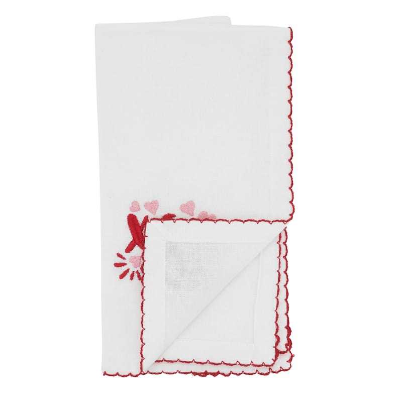 XO Placemats & Napkins (Set of 8) - Embroidered Valentine's Table Linens with Scalloped Red Trim, 13"x19" / 18"x18"