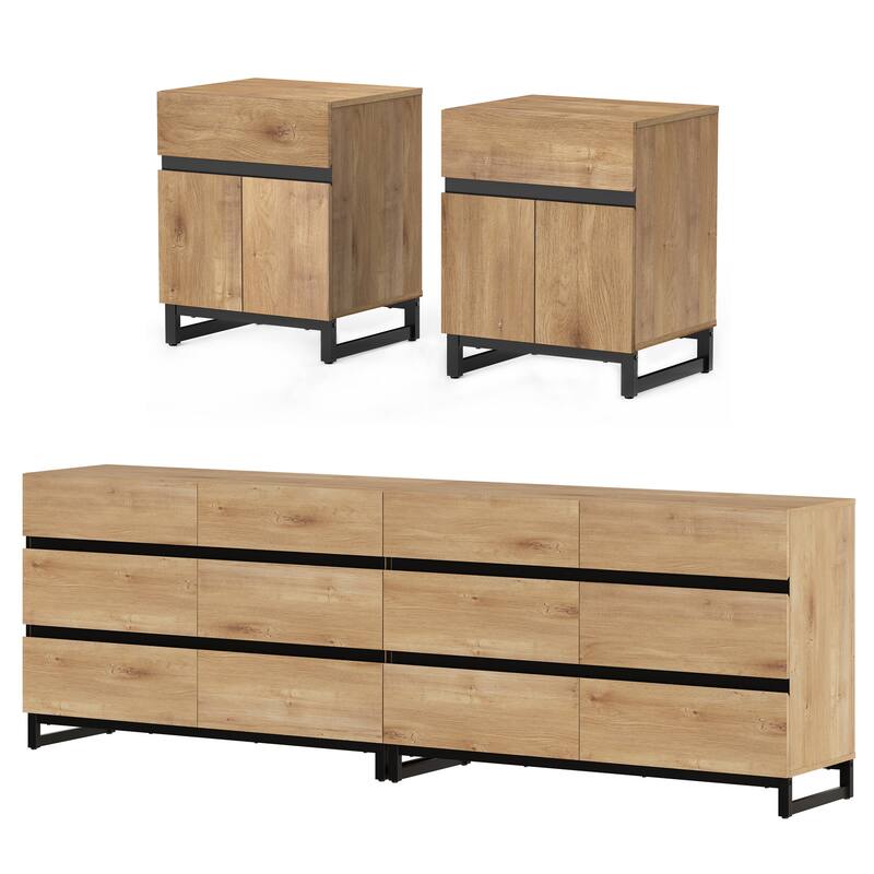 3-Piece Dresser And Nightstand Set,Dresser With 12 Drawers, 2 Nightstand for Bedroom, Bedroom Furniture Set