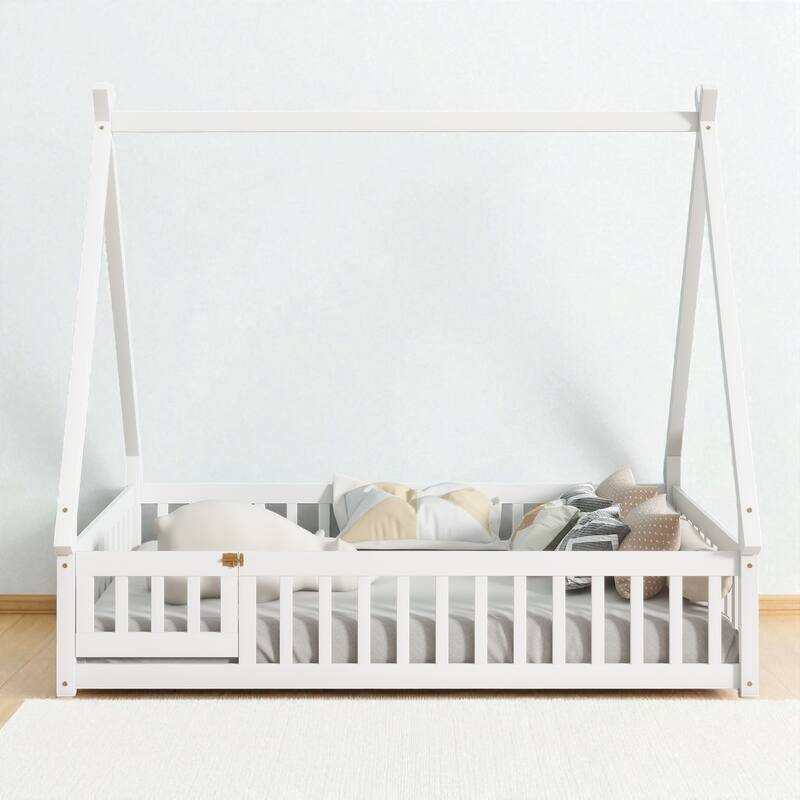 Full Size Rubber Wood Teepee Floor Bed with Guardrails, Slats and Door for Kids Bedroom