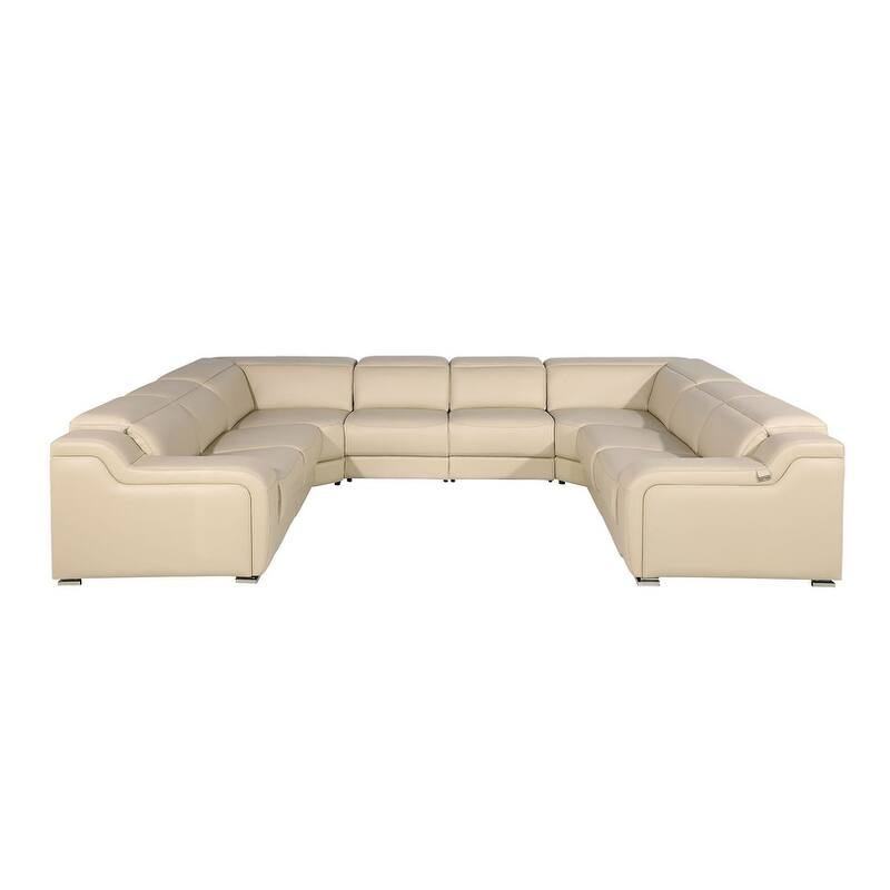 HomeRoots Beige Italian Leather Power Reclining U Shaped Eight Piece Corner Sectional With Console