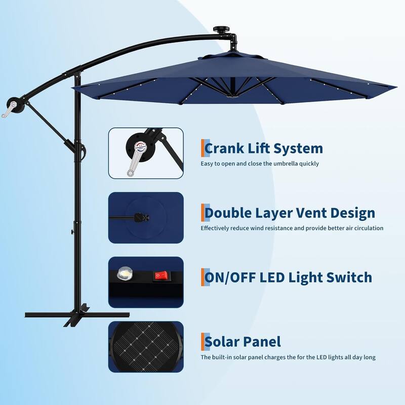 10ft Solar Lights Offset Patio Umbrella, Cantilever Umbrella with Easy Lift & Tilt Adjustment, 8 Ribs Sun Umbrella UV