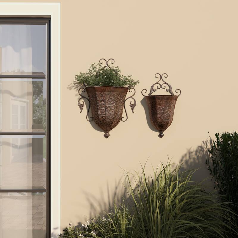 Brown Metal Indoor Outdoor Hanging Vintage Scroll Indoor Outdoor Wall Planter with Vine Accents (Set of 2)