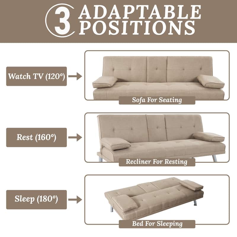 Convertible Futon Sofa Bed with Armrests & Cupholders - Faux Leather Reclining Couch for Small Spaces