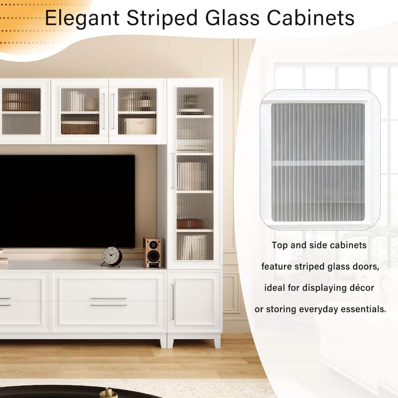 102" Modern Wall Entertainment Center with Fluted Glass Doors, Large TV Stand Media Console for TVs up to 75"