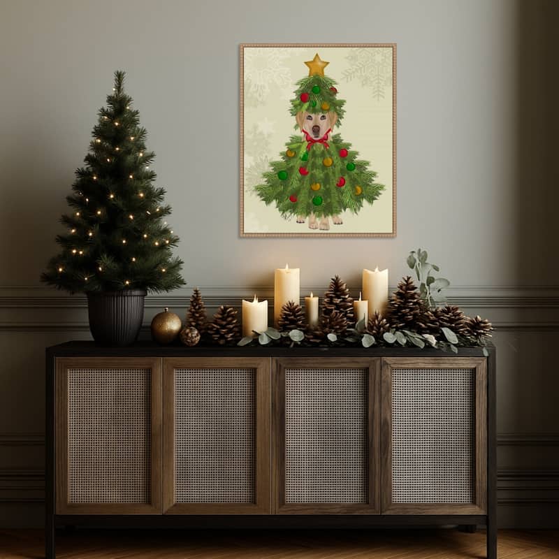 Yellow Labrador Christmas Tree Costume by Fab Funky (23 x 28 in.), Framed Canvas Wall Art Print - Sylvie Beaded Rustic Natural