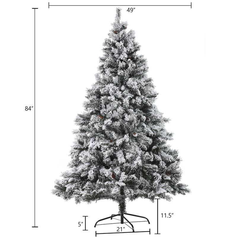 Snow-flocked 7ft Artificial Christmas Tree with 350 Clear LED Lights and Pinecones - 84" H x 49" Diameter