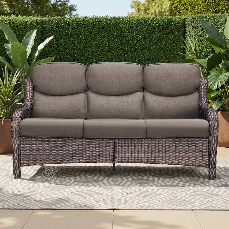 Meyreso Handwoven Wicker Outdoor Patio 3-Seat Sofa with 5-Inch Thick Cushions