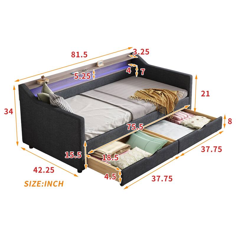 Christopher Knight Home - Mason Modern Twin Daybed with Shelves, Charging Ports, and LED Lighting