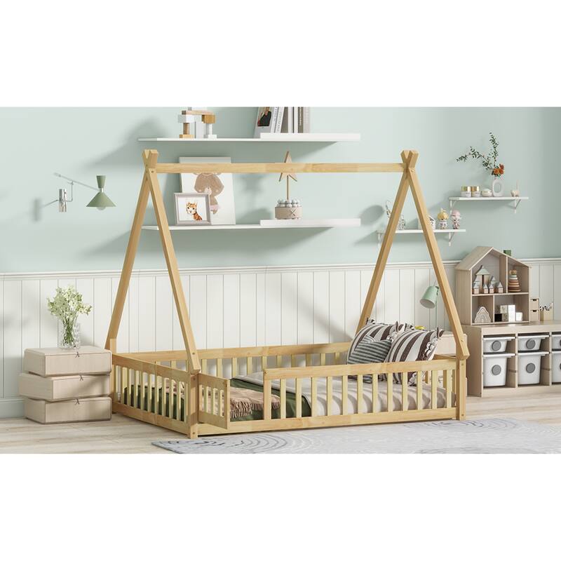 Roomfitters Twin/Full Tent-Shaped Floor Bed with Teepee Frame, Rubber Wood Platform with Guardrails, Slats and Door