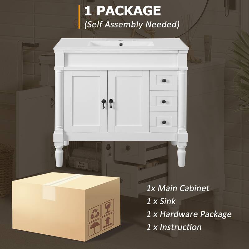 GDFStudio - Hellie 36" Modern Bathroom Vanity with Ceramic Sink - Soft-Close Doors, Drawers & Adjustable Storage